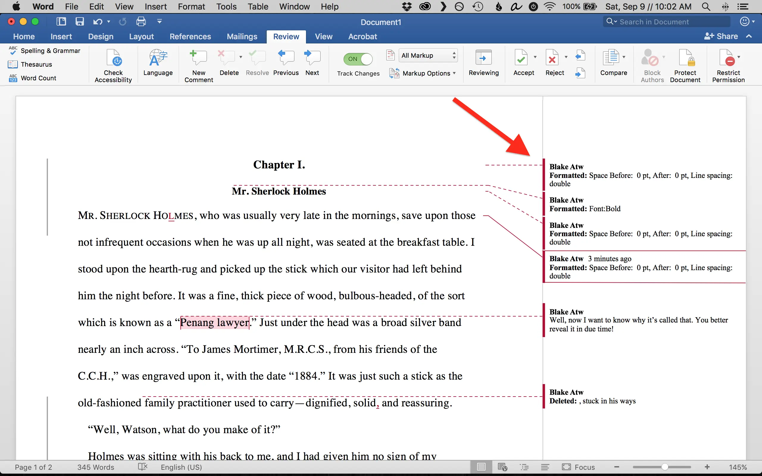 Tracked changes on a document