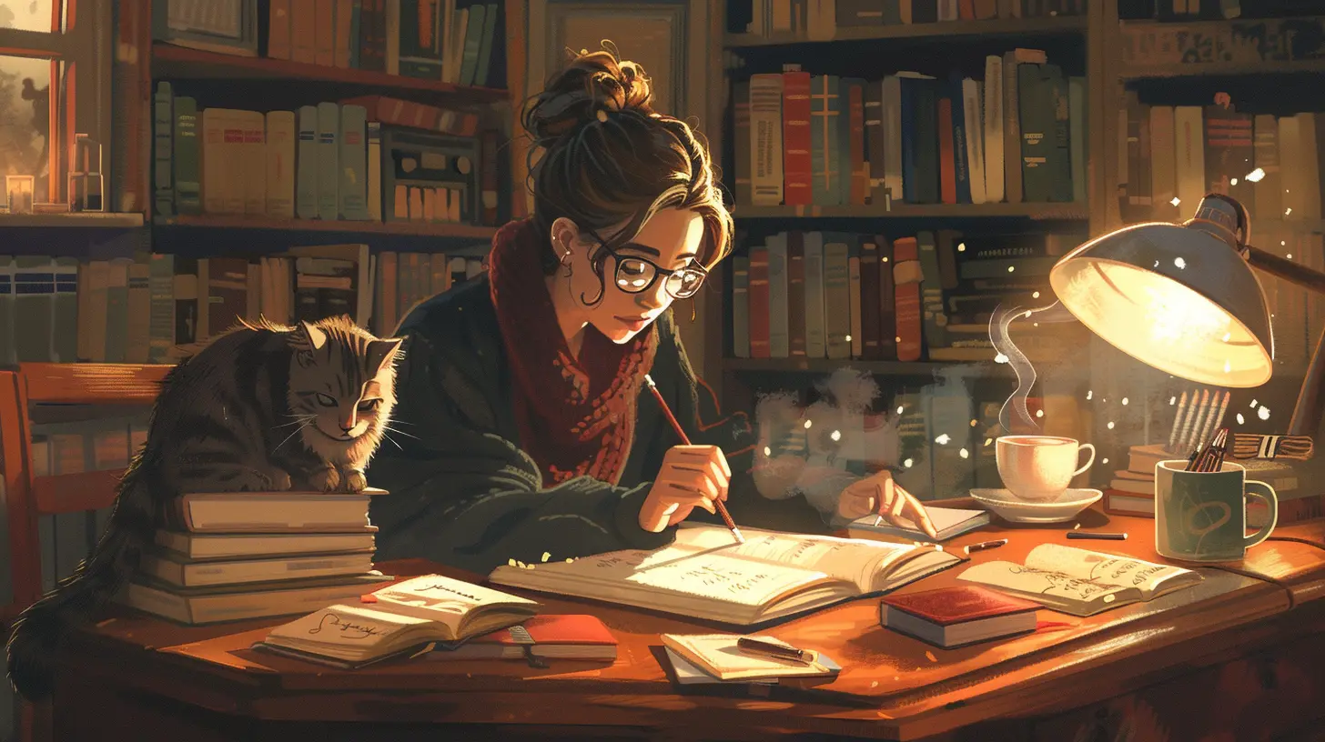 editor at her desk with her cat